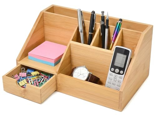 ZXBBTZ Schreibtisch Organizer Bambus mit Schublade Fächern Schreibtischorganisator Holz Braun für Stifte Notizen Stiftehalter Schreibtischbox für Büro Home Office Aufbewahrung – 24.5x15x11 cm