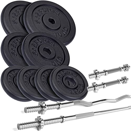 ScSPORTS® Hantelset - 27.5-100kg, inkl. 2 Kurzhanteln, Langhantelstange, SZ Stange, Ø31mm, Hantelscheiben, Gusseisen - Gewichtsset, Langhantel (35 KG (2x10 + 2x5 + 4x1.25))