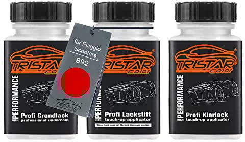 TRISTARcolor Motorradlack Lackstift Set für Piaggio Scooters 892 Rosso Zip Perl Grundlack Basislack Klarlack je 50ml
