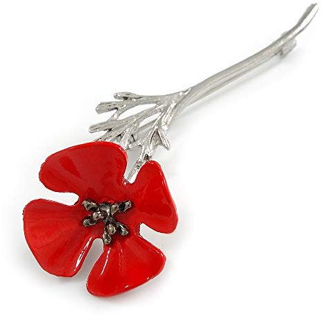 Avalaya Broche coquelicot en émail rouge vif en métal argenté – 75 mm de long