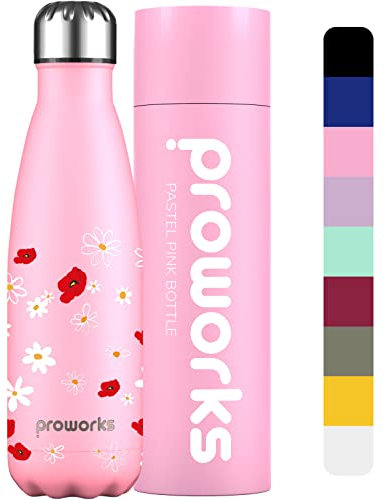 Proworks Performance Stainless Steel Sports Water Bottle | Double Insulated Vacuum Flask for 12 Hours Hot & 24 Hours Cold Drinks - Great for Home, Work, Gym & Travel - 750ml - BPA Free – Pink Daisy
