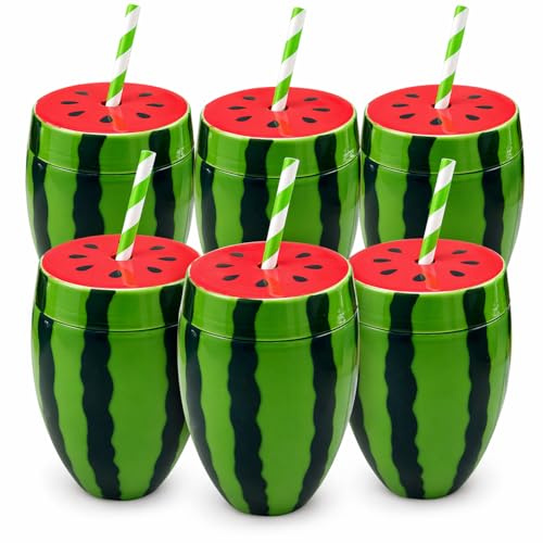 Quickdraw Watermelon Cups with Straws Pack of 6 Reusable Plastic Drinks Cups with Lids Cocktail Cups Tiki Hawaiian Luau Beach BBQ Summer Party Drinkware for Kids & Adults