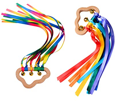 RuishiLinh 2 Pack Baby Sensory Toy, Baby Toys 6 Months Plus,Rainbow Wooden Ribbon Rings Toy Baby Rattles for Toddler Boys Girls