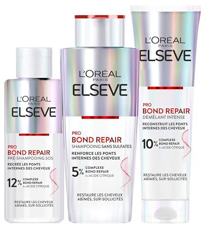 L'Oréal Paris - Routine Capillaire Réparatrice Complète - Tous Types de Cheveux Abîmés - Pré-Shampooing + Shampooing + Démêlant - Complexe à l'Acide Citrique - Elseve Pro Bond Repair - 3 Produits