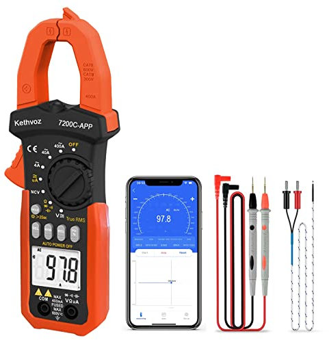 Bluetooth Multimeter with Clamp, 4000 Counts TRMS Kethvoz Digital Muti Meter Auto Rang AC/DC Current Amp Voltmeter NCV Ohm Resistance Continuity Buzzer Capacitance Electrical Tester for Car