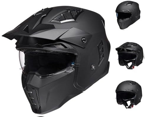 ILM Helm Motorrad Motocross Herren Damen Vintage Retro mit Visier ECE Model Z302,Schwarz Matt, XL