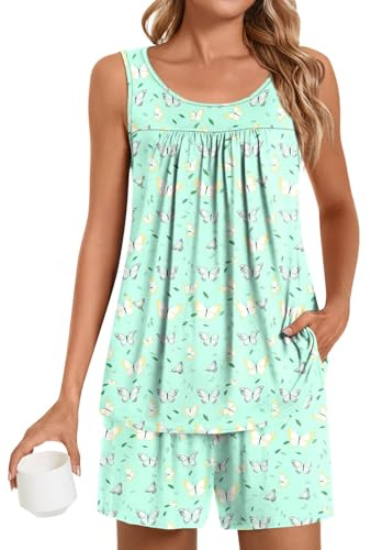 POPYOUNG Plus Size Pajama Set for Women Summer Sleeveless Tank Tops Pjs Sets 2 Piece Lounge Set Comfy Shorts Sleepwear with Pockets 2XL, Colorful Green Butterfly