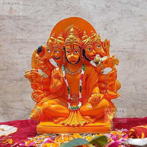 Zig Zag Lord Panchmukhi Hanuman ji Murti/Statue Orange Sankat Mochan Polyresin Idol für Pooja Tempel/Home Decor Auto Büro (Größe – 15,2 cm)