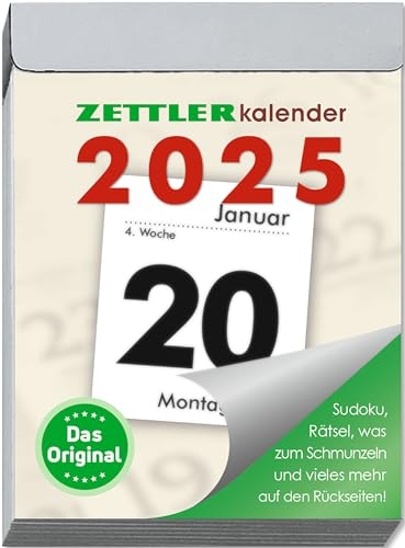 Zettler - Tagesabreißkalender 2025 M, 5,4x7,2cm, Abreißkalender mit Sudokus, Rezepten und Rätseln, Sonnen- und Mondzeiten, Namenstage, mit Aufhängung und deutsches Kalendarium