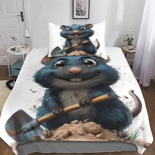 BLISSCOZY Cartoon Maulwurf 3D Bettwäsche Muster Mikrofaser Bettbezug Mit Reißverschluss Und Kissenbezug Single(135x200cm)