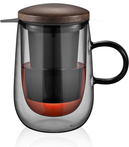 glastal 430ml(volle Kapazität) Doppelwandige Schwarz Glas Teetasse mit Metallsieb Teeglas Teebecher aus Borosilikat Glas Tasse mit Henkel, für Schwarzen Tee Grüner Tee Fruchttee Tee Teebeutel