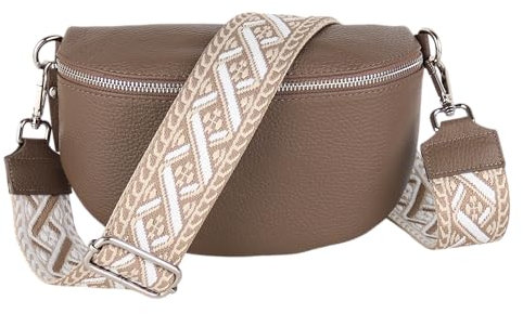 MIRROSI® Bauchtasche Damen, Echtleder, Made in Italy, Umhängetasche, Brusttasche, Crossbody Bag (1 Tasche & 2 Gurte) (Taupe (Kette), Mittelgroße Tasche (25x16x7cm))