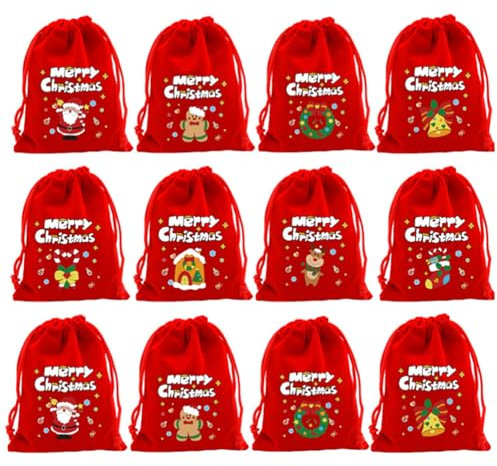 24 Stück Weihnachts Beutel mit Kordelzug, Jutebeutel Weihnachts Adventskalender Säckchen Taschen für Süßigkeiten (Rot)