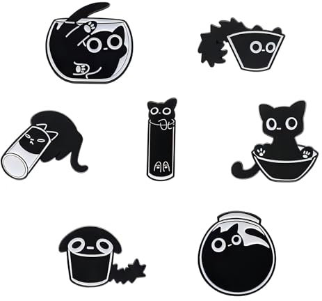 FIHODONE 7 Stück Pins Anstecker Schwarze Katze,Anstecker Pin Niedliche,Pin Anstecker Verspielte Katzen,Tier-Anstecker Emaille Pins Set für Frauen Und Mädchen,Schwarze Katzen-Emaille-Anstecknadeln