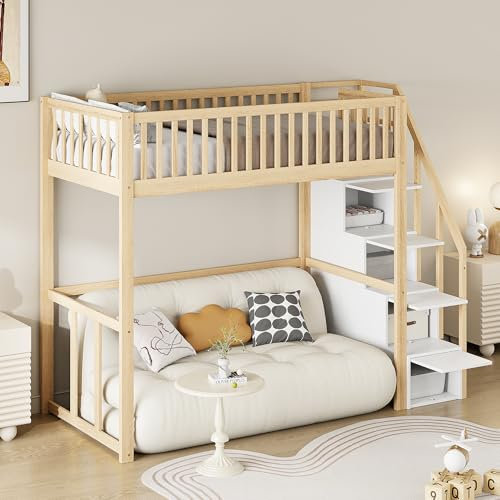 MOBETTRES Hochbett 90x200 mit Sicherheits-Aufbewahrungsleiter, Bettgestell aus massivem Kiefernholz für Kinder und Jugendliche (Naturholz)