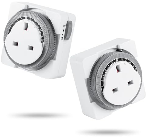Adiwo Mechanical Timer Socket, 2 Pack 24 Hour Programmable Timer Switch, Enhanced Contact Protection Circuit for UK Plug-in, Fireproof Shell for Lights, Lamp and Home Appliances (16A/3680W, 2 Pack)