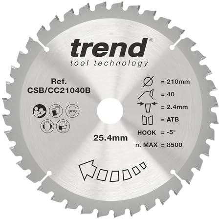 Trend Wood Mitre Saw Blade, 210mm, 40T, TCT, Fine Finish, 25.4mm Bore | Ideal For Fine Wood Cutting With 40 Teeth TCT, 2.4mm Kerf, -5° Hook And 25.4mm Bore, CSB/CC21040B