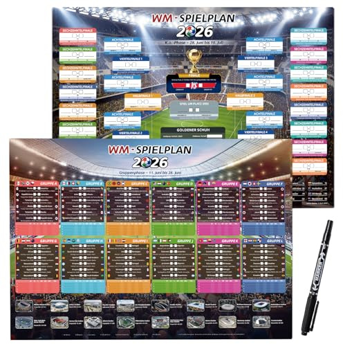 AhfuLife Fußball Spielplan Poster für Deko Fußball Party - Wiederverwendbar Fussball Planer - Enthält 48 Mannschaften Gruppen Knockout und Finale alle Ergebnisse der Spiele (A1 - Gefaltet)