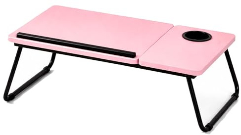 iTrend 2-in-1 Foldable Laptop Desk with Cup Holder & Anti-Slip Stopper, Adjustable Laptop Bed Table with Tilt Top, Portable Laptop Stand for Bed Sofa Floor Study Work from Home (Pink)