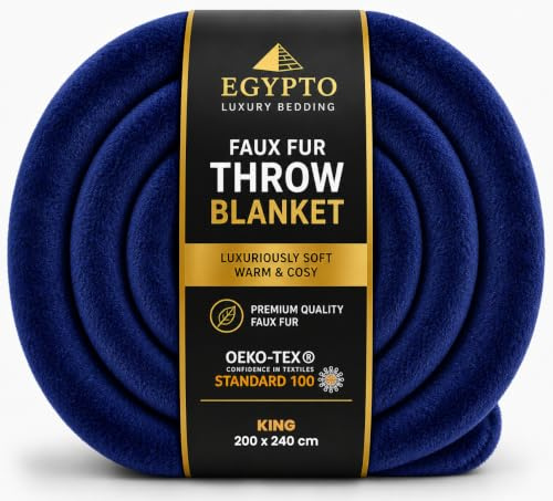 EGYPTO King Fleece Blanket 200cm x 240cm | Luxury Faux Fur Throws for Sofas | Anti-Allergy Cozy & Soft Throw | Versatile Royal Blue Throw Blanket for Sofa & Bed