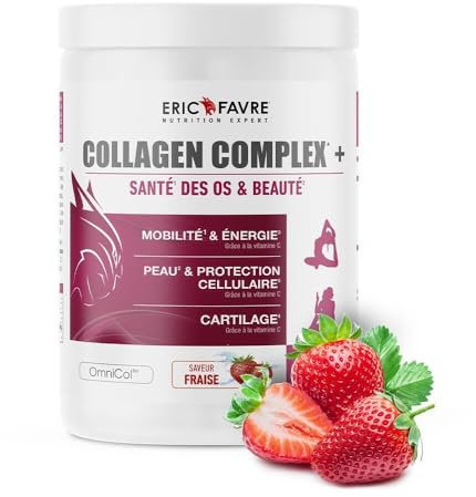 Collagene complexe + - Collagène Bovin Hydrolysé Type 1 à 5 - Articulations, Mobilité - Vitamine C, Acide hyaluronique - 300g Fraise - Eric Favre