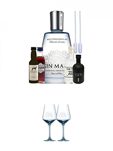 Gin Probierset 4cl Windspiel Dry Gin, 5cl Gansloser Black Gin, 5cl Hayman Slo Gin, 10cl The Duke Gin, 0,7L Gin Mare + 2 Einwegpipetten + Black Gin Glas 2 Stück