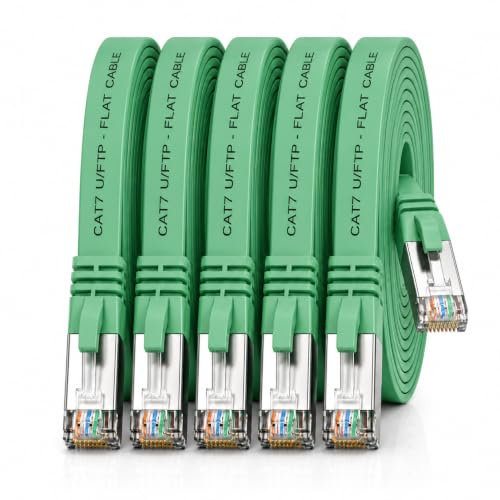 1aTTack.de 7.5m - green - 5 pieces CAT.7 Gigabit Ethernet LAN ribbon ribbon cable (RJ45) network cable raw cable (10Gbit/s) installation cable flat slim compatible with Cat.5 - Cat.5e - Cat.6