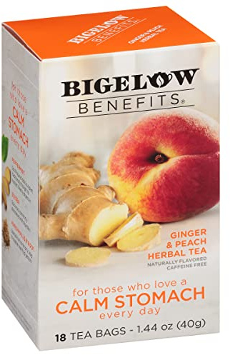 Bigelow Tea Benefits Calm Stomach Ginger Peach Herbal Tea, Caffeine Free, 18 Count (Pack of 6), 108 Total Tea Bags