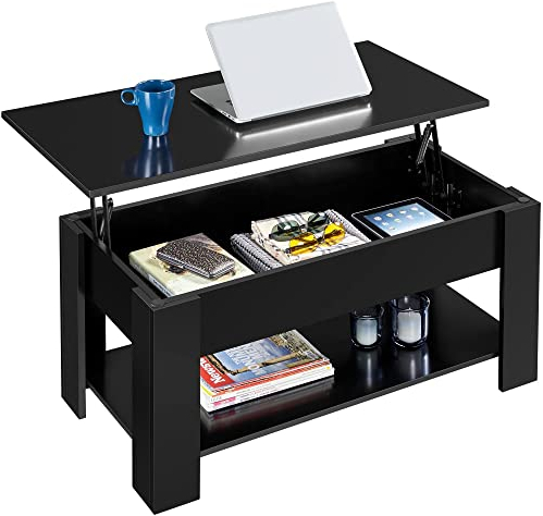 Yaheetech Mesa Centro Elevable y Extensible Mesa de Café con Revistero Mesa Elevable de Madera Lacada para Salon Mueble Salon Comedor de Estilo Moderno Negro 98x50x(42-55) cm