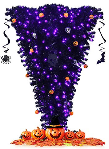 GOPLUS Albero di Natale artificiale illuminato 180 cm sottosopra, albero di Halloween nero con luci e decorazioni, albero di Natale invertito, albero di Natale festivo