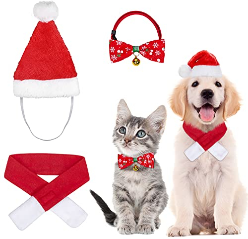 MELLIEX 3 Stück Weihnachten Katzenkostüm Hundekostüm mit Weihnachtsmütze Fliege Halsband Halstuch, Haustier Weihnachtskleidung Hunde Katzen Kostüm Zubehör Set