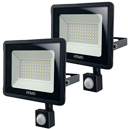 Arum Lot de 2 Projecteurs LED ATRIA 50W Détecteur de Mouvement Blanc Froid 6000K IP44 Extérieur, Jardin, Terrasse, Parking, Cours