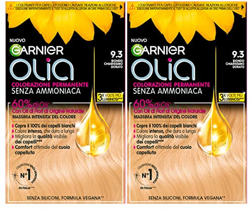 Garnier Olia Permanente Haarfarbe, ohne Ammoniak, Färbung mit Blütenölen natürlichen Ursprungs mit aufhellender und pflegender Wirkung, Farbe 9.3, sehr helles Goldblond – 2 Packungen