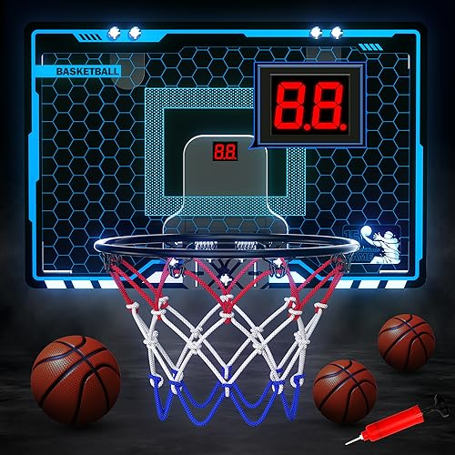 Hot Bee Basketballkorb Indoor Kinder, Basketball Geschenk Junge 8-12 Jahre, Mini Basketballkorb Kinder für Zimmer Tür, mit Elektronischer Anzeigetafel, Licht, 3 Bällen