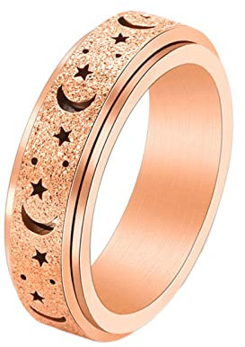 Epinki Bague Tournante, Bague Homme Femme Titane 6MM Étoile et Lune Or Rose Bague Anti Stress Taille 62