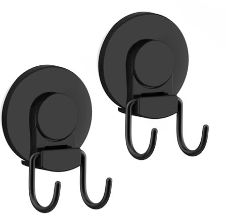 VIS'V Lot de 2 crochets à ventouse, crochets à ventouse noirs pour salle de bain, double crochets amovibles et réutilisables pour carrelage, mur, porte en verre, fenêtre