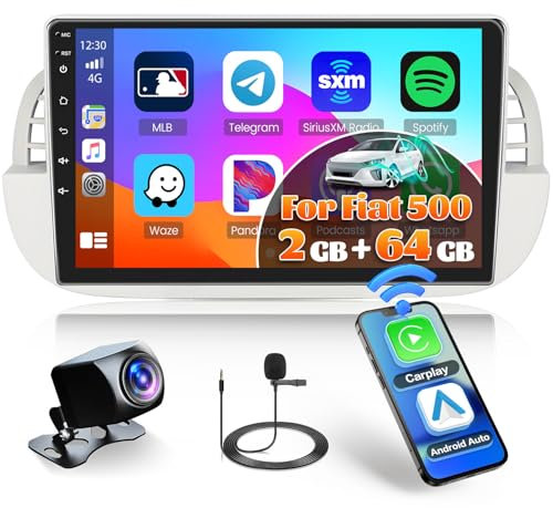 Inefala 2+64GB Autoradio Android per Fiat 500 2007-2015 Radio con Wireless Carplay e Android Auto 9 Touchscreen Stereo Auto con GPS WiFi RDS/FM USB BT HiFi Telecamera Posteriore+Canbus
