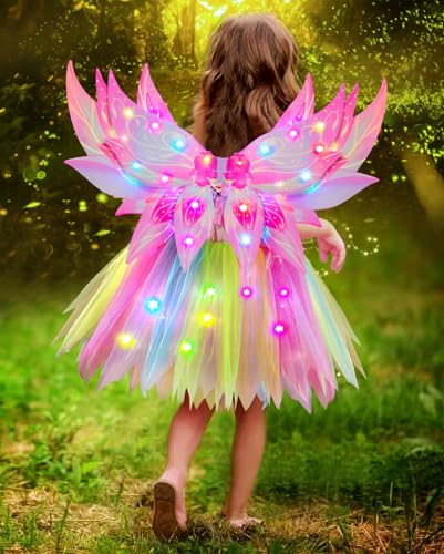 G.C Leuchtende Feenkostüm Mädchen LED Feenflügel mit Tutu Tüllrock Blumenkranz Zauberstab Elfenohren Fee Kostüm Kinder Faschingskostüm Halloween Karneval Kostüm für Mädchen (Rosa)