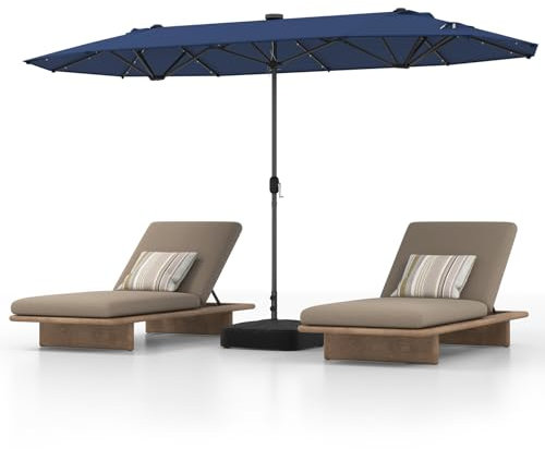 COSTWAY 4M Double-Sided Parasol, Outdoor Extra Large Sun Umbrella with Base, Solar LED Lights and Crank Handle, Market Sunshade Shelter Canopy for Garden Patio Beach Yard (Blue)