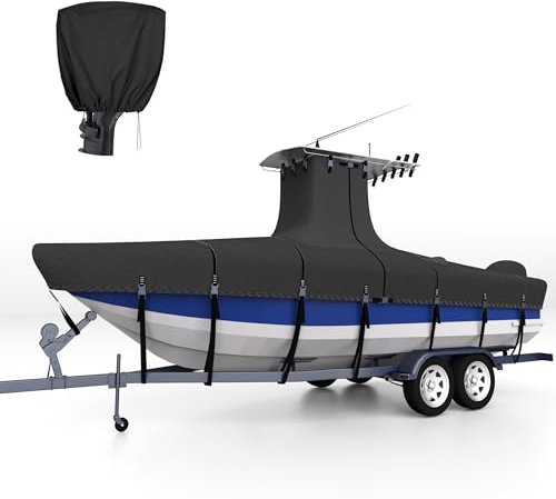 Nukugula Strapazierfähige Ture 900D T-Top-Bootsabdeckung, 5,2 m – 5,8 m, mit Motorabdeckung, 100 % wasserdicht, lösungsgefärbte Mittelkonsole, Boot mit T-Dachdach, 4,2 - 5,8 m, mit verbesserten 15