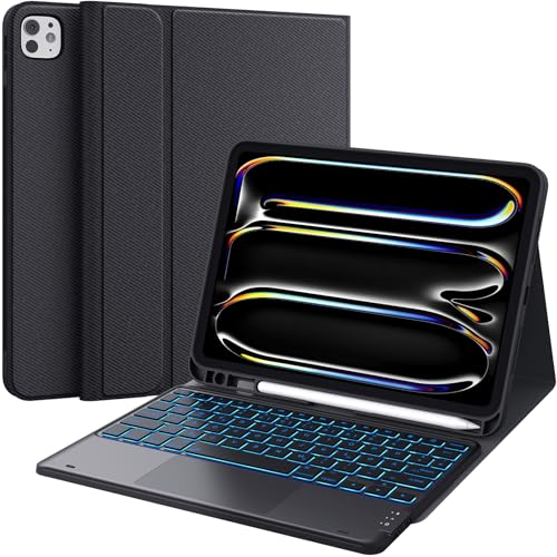 CHESONA iPad Tastatur Pro 11 2024(M4), 7 Farben Beleuchtung, Multi Touch Trackpad, Flip Stand Gehäuse mit Bleistifthalter, 2 Bluetooth Kanäle für M4 iPad Pro 2024 11 Zoll, Schwarz