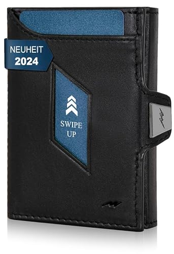 Marc Peter® Jupiter Schwarz Nappaleder Slim Wallet mit Münzfach | Kleines Portemonnaie für Herren mit RFID | Kompaktes Portmonee | Mini Geldbörse für Männer | Kreditkartenetui für bis zu 11 Karten