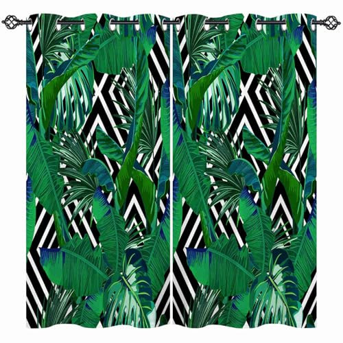 ANHOPE Tropisch Palmen Blatt Verdunklungsvorhänge mit Ösen Thermo Vorhänge Blickdichte Gardinen Weich Blackout Curtain Wohnzimmer Schlafzimmer Vorhang 2er Set H 138 x B 132 cm