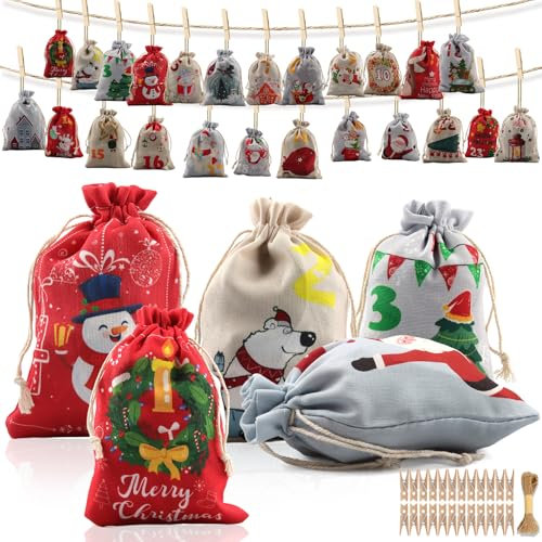 24 Stück Weihnachtskalender Säckchen, Adventskalender Stoffsäckchen 2024, Adventskalender Zum Befüllen Stoffbeutel, Adventskalender DIY Tüten, für Weihnachten Geschenk Tüten Advent Calendar (B)