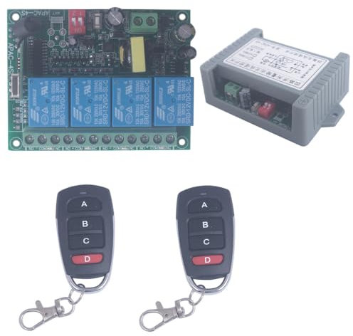 85V-250V 220V 4CH Wireless Lights Switch No Wiring Learn Code Remote Control Relay Switches for Light Lamps Fans Garage Door Window Appliances 433MHz Transmitter Receiver (2X Remote Control)
