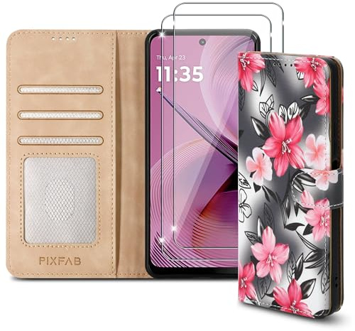 PIXFAB Case for Motorola Moto G55 with 2 x Screen Protector Tempered Glass, Leather Wallet Phone Case, Magnetic Book Flip Folio Cover [RFID Protection & Card Slots] and [Kickstand] - Flower