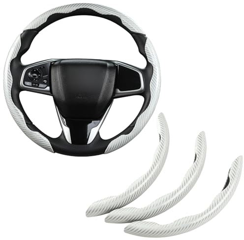 GIANT PANDA Dreiteiliger Lenkradbezug aus Kohlefaser Muster– Universelle Passform für runde und D-förmige Lenkräder, rutschfest, Weiss