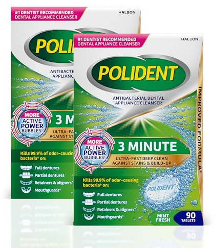 Polident Pastillas limpiadoras antibacterianas para aparatos dentales de 3 minutos, 90 unidades (paquete de 2)