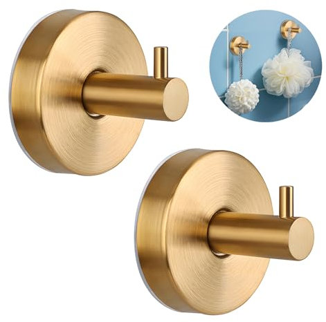 VEINARDYL 2 Pcs Suction Shower Hooks, Stainless Steel Gold Suction Cup Hook, Removable Shower Holder Towel Rack for Bathroom, Kitchen Glass Door Wall for 15 Lb Heavy Duty Clothes - Gold
