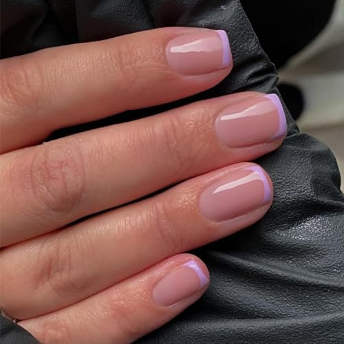 KQueenest 30 Pcs Lilac French Tip Press on Nails Short Square, French Tip False Nails Short Coffin, Custom Thick Acrylic Fake Nails Set Natural Nude Gel Stick on Nail for Women Daily Wear